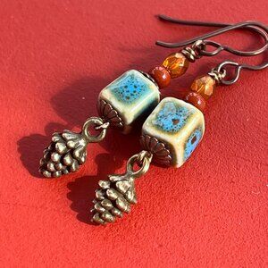 Boho Pinecone Earrings | Turquoise Ceramic Dangle Earrings | Cottagecore